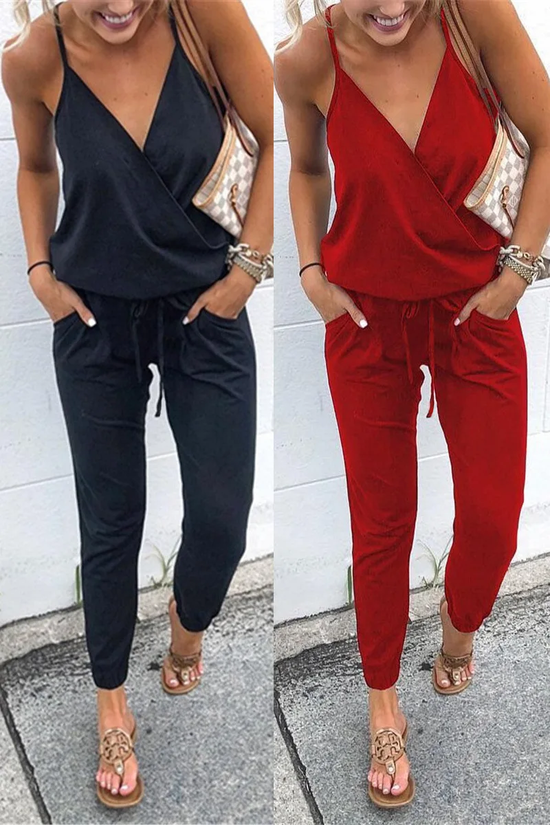 Solid Fashion Summer Women Jumpsuit Romper Sexy V Neck Backless Lace-up Beach Bodycon strap femme Jumpsuit Overalls long pants