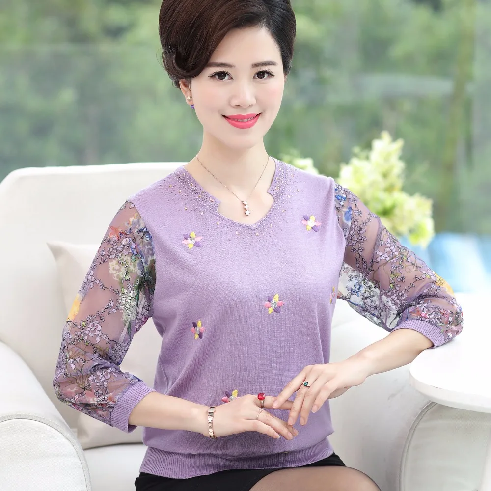 Vrouwen bloemen blouse elegante kant mouw lente zomer dames borduren knit blouse tops