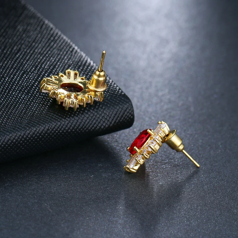 EMMAYA Luxury Gold Color Big Red Cubic Zirconia Stone Fashion Bridal Wedding Stud Earrings Jewelry Accessories