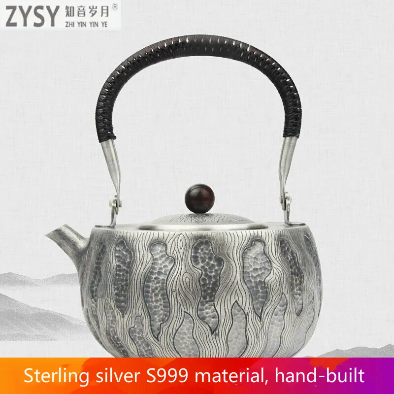 pure silver Kung Fu tea set, manual production pure silver 999 do old burn water kettle mention beam pot, office gift collection