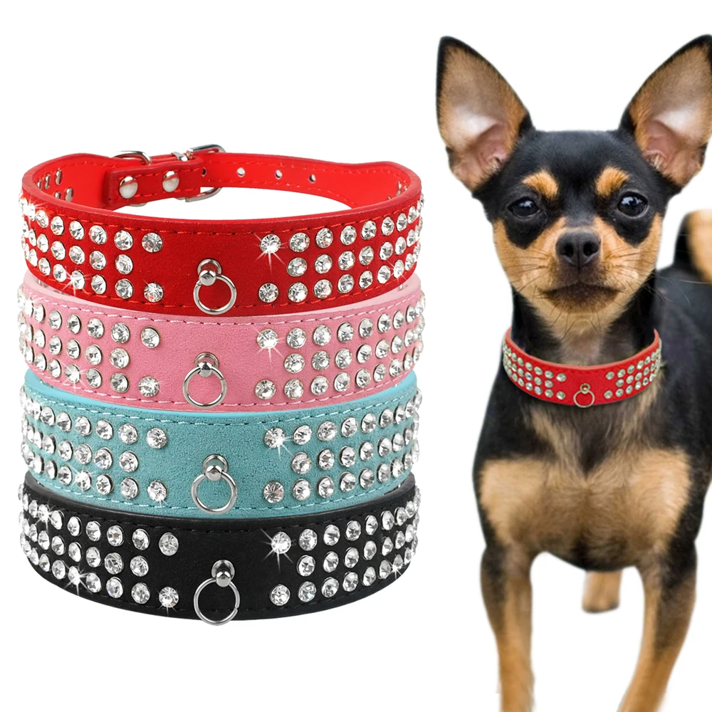 3 Rows Bling Diamond Rhinestone Suede Leather Pet Dog Collars For Small Medium Dogs XS S M L 4 Colors