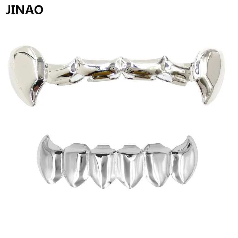 JINAO New Fit Gold Color Plated Hip Hop Teeth Half Fang Top & Solid Fangs Bottom Grillz Vampire Set.Gift