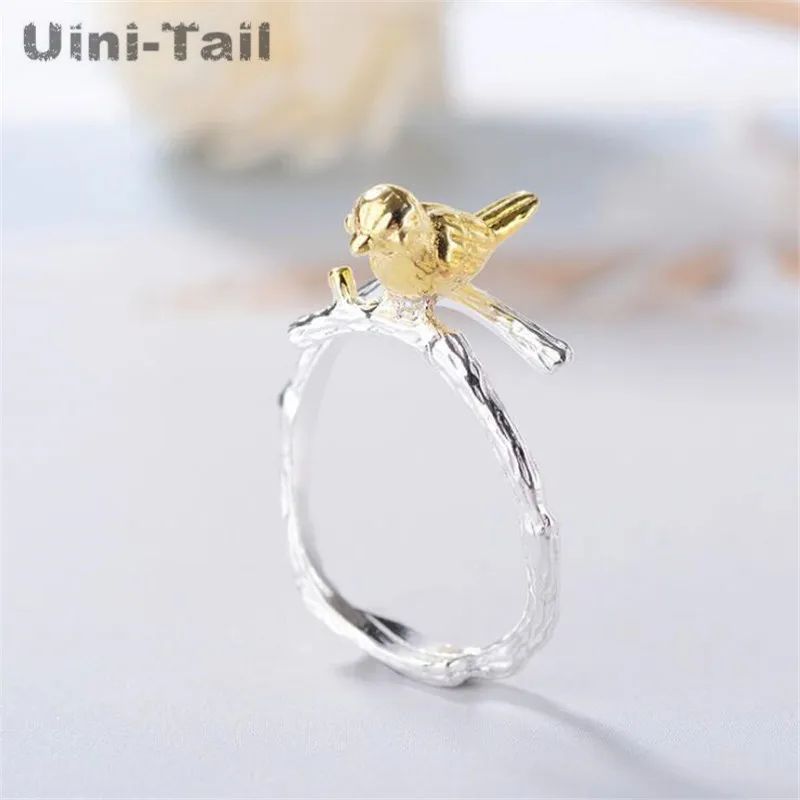 Uini-Tail hot new 925 Tibetan silver creative golden bird opening ring national wind small animal jewelry fashion trend GN794