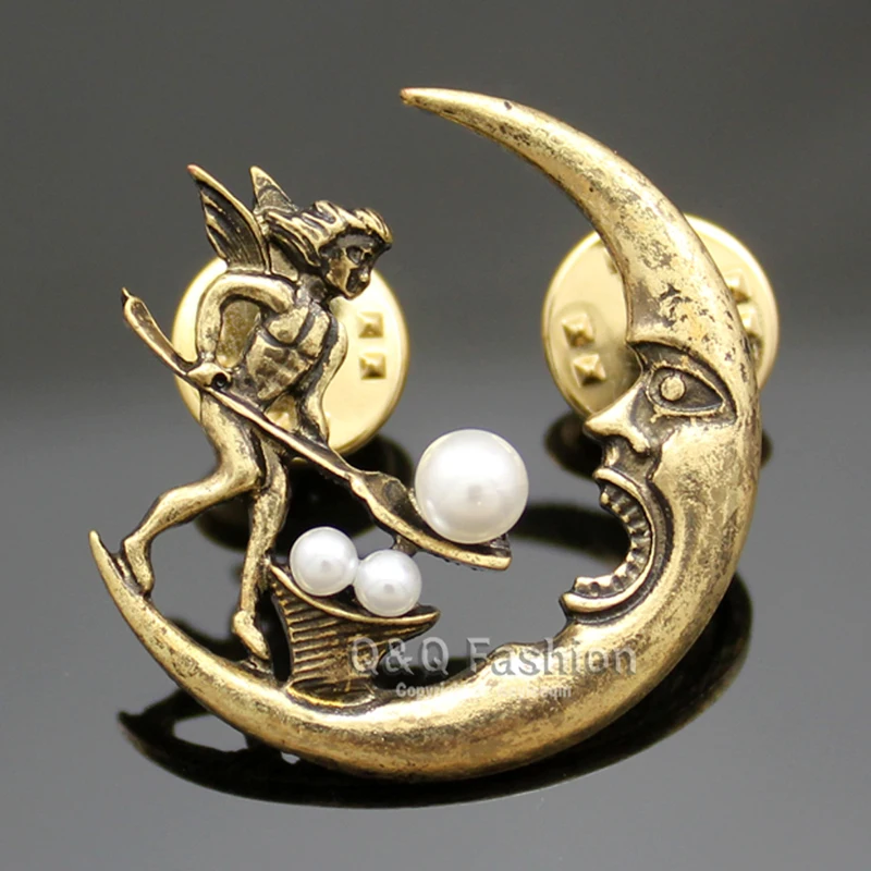 RechicGu New Women\'s Accessories Angel Fairy Feeding Moon Cresent Pearl Baroque Lapel Brooch Pin Jewelry Girl Friendship Gifts
