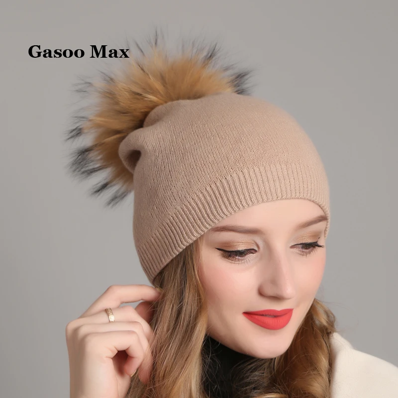 Autumn winter beanies hat Women knitted wool Skullies casual cap with real raccoon fox fur pompom girls ski gorros cap