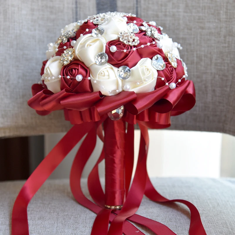 

Newest Dark Red & Cream Wedding Bouquet Rose Bride Bouquet Artificial Flowers Bouquets Diamond Crystal Marriage