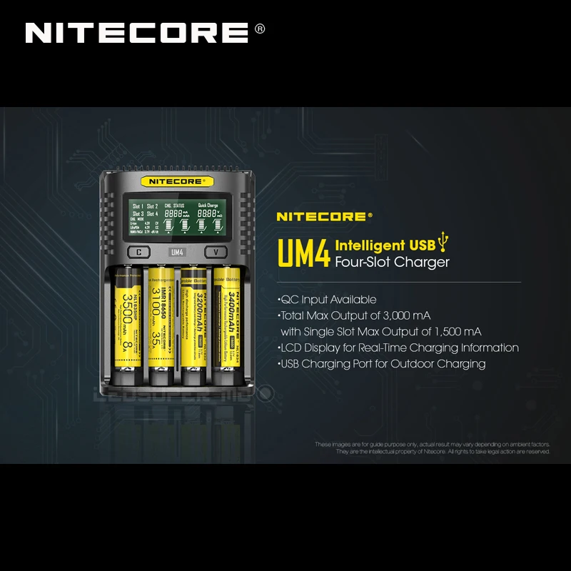 Intelligent Nitecore UM4 Four-Slot USB Charger Compatible with Battery IMR Li-ion LiFePO4 Ni-MH Ni-Cd