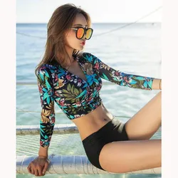 Women's Rash Guard Long Sleeve Crop Shirt, Push Up Top, Printed with Black Briefs, Sun Protection, Swimwear, Bathing Suit