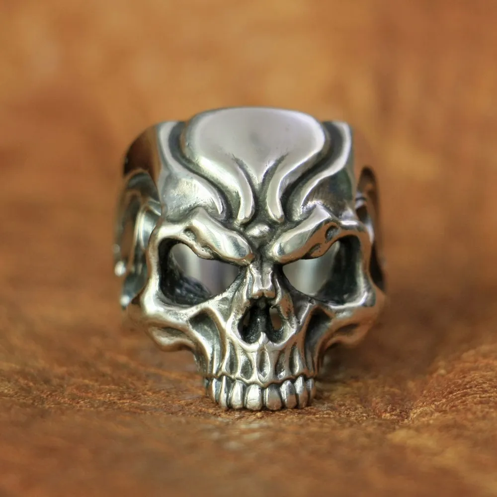 

LINSION 925 Sterling Silver Hollow Angry Skull Ring Mens Biker Punk Ring TA136 US Size 7~15