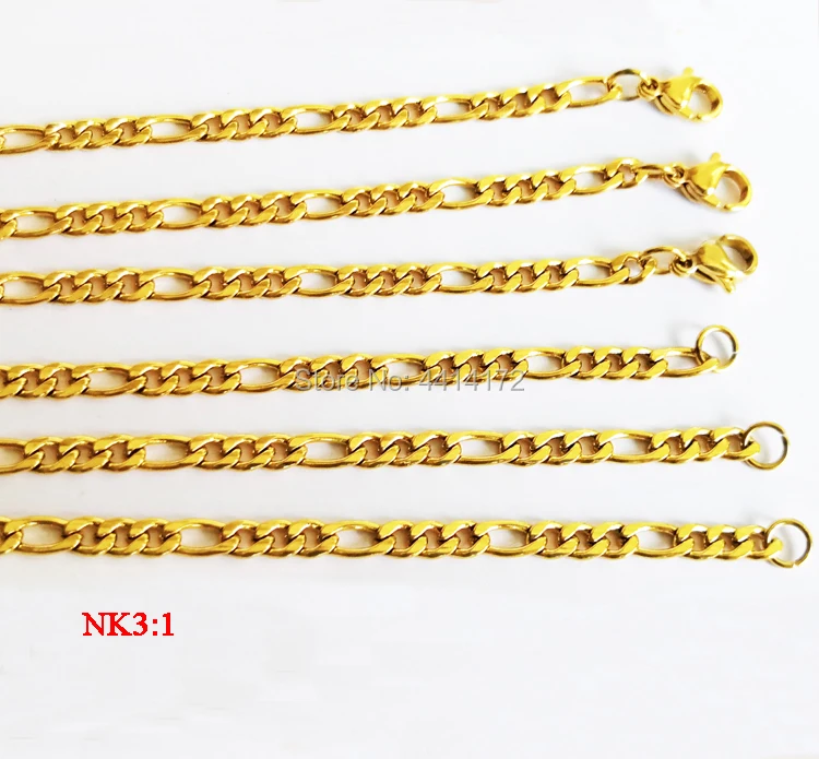 

Free Shipping 3mm 4mm Stainless Steel Golden Tone 3:1 NK Necklaces Figaro Chains Women Men's Fashion Jewelry Wholesale 20pcs