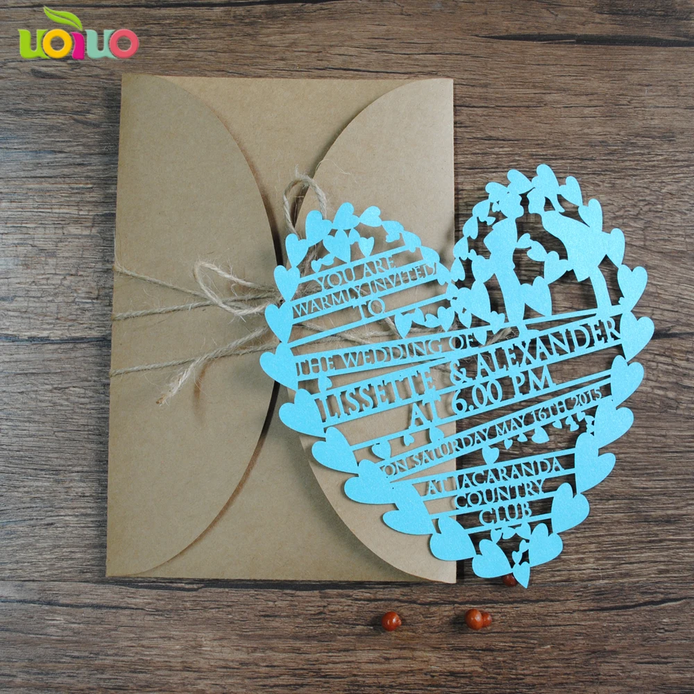 50set inc134 sky blue Laser Cut free customized text Wedding Invitations Card with Kraft Envelope with seal