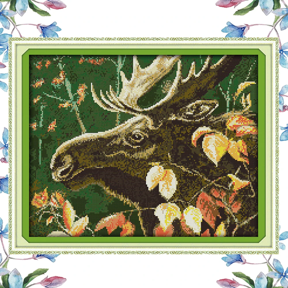 NKF Elk Cross Stitch Sets Handmade Craft Painting Needlework Embroidery Kit Animal Cross Stitching Pattern for Home Decor