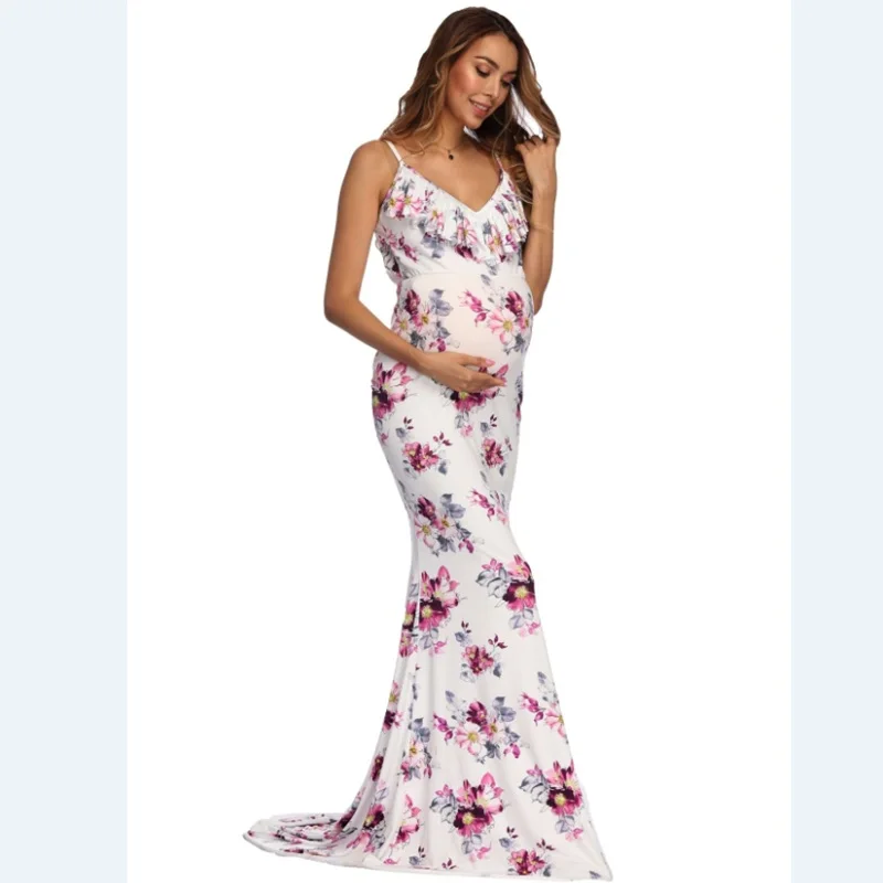 

Maternity Photography Props V-Neck Print Flower Long Dress Pregnant Photo Shoot Pregnancy Portrait Culottes Suits Top and Skirt