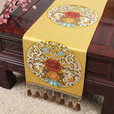 Custom Tassel Jacquard Tablecloth, Thick Chinese Silk Satin Table Runner, Luxury Rectangle Coffee Mat, High Density Banquet