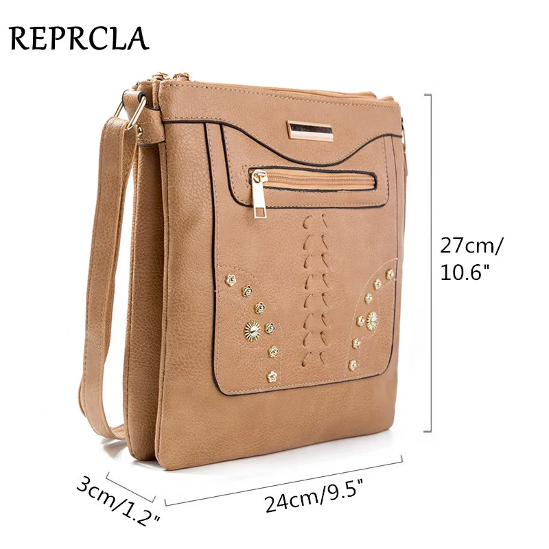 REPRCLA Large Double-layer Women Bag Vintage PU Leather Crossbody Shoulder Bags Handbag Rivet Female Messenger Bags Bolsa