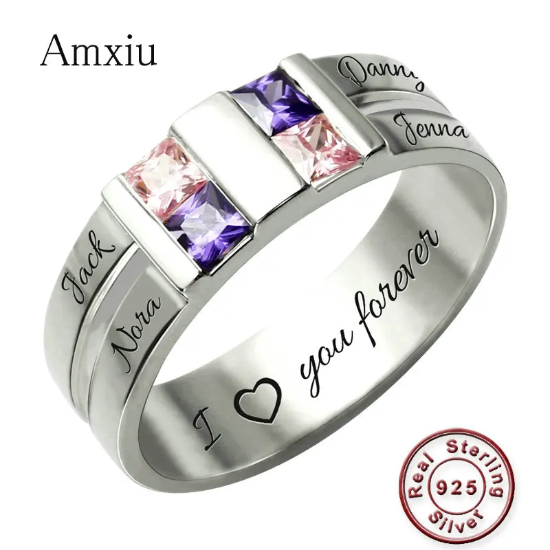 

Amxiu Customize Four Names Rings Large Wide Ring Personalized 925 Silver Cubic Zircon Rings For Women Mother's Gift Accessories