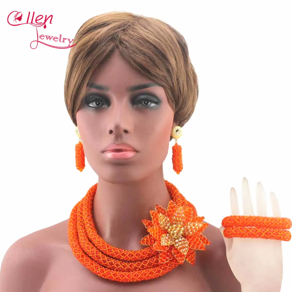 Luxury African Beads Jewelry Set Flower Pendant Necklace Orange Nigerian wedding beads Bridal Jewelry Set for Women W13298