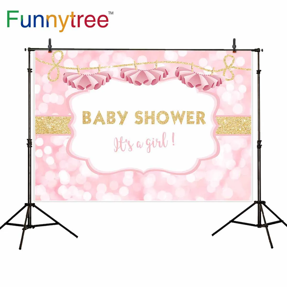 Funnytree baby shower backdrop photography pink dress bokeh golden text girl photophone photocall photographic background