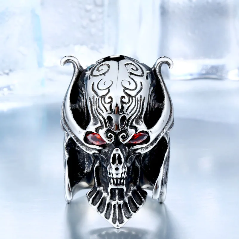 BEIER Cool Big Punk Stainless Steel Unique War Skull Head Ring  For Man With red eye High Quality BR8-336