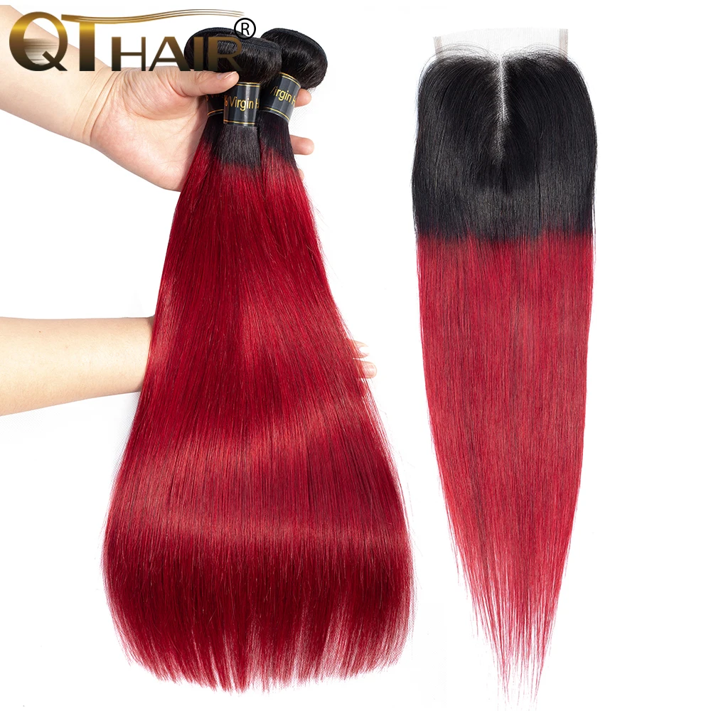 Qt-aplique de cabelo humano peruano liso borgonha, 3 peças de cabelos ombre, raízes escuras, vinho tinto, peruano