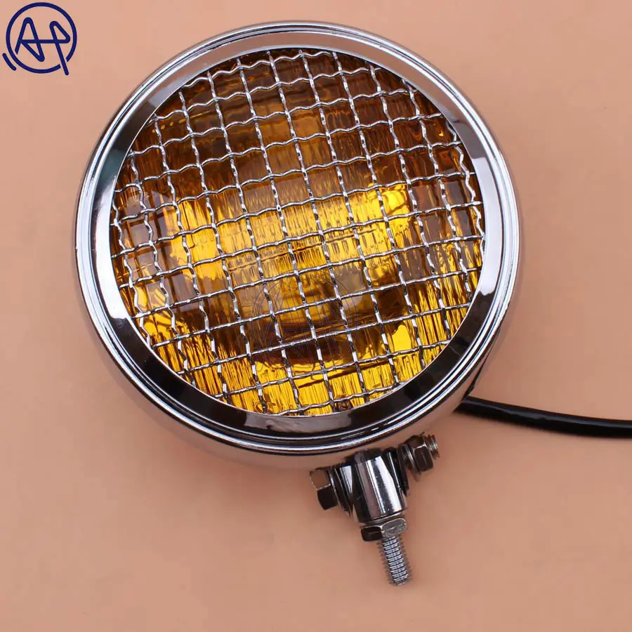 Motorcycle Old School Vintage Metal Retro Front Hi-Lo H4 Headlight Clear/Amber Lens+Grill Mask Black/Chrome For Harley Chopper