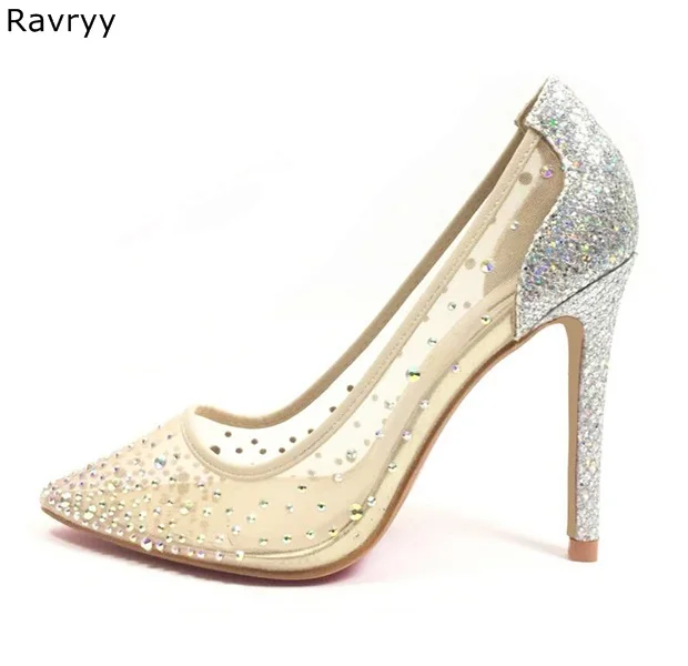 

Шикарная Роскошная обувь с украшением в виде кристаллов; Женские пикантные туфли-лодочки из сетчатого материала на высоком каблуке с острым носком серебристого цвета; Женские модельные туфли без шнуровки; Вечерние туфли на шпильке