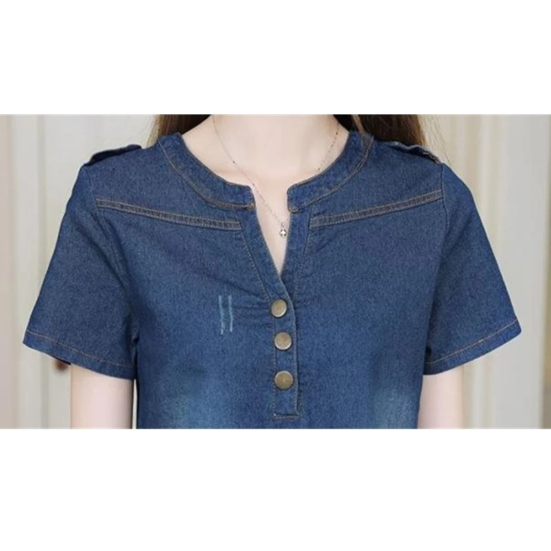 Summer Women\'s Jeans Dress 2022 Casual Fashion Slim Short Sleeve Denim Dress V Neck Cowboy Dress Vestidos S-5XL R107