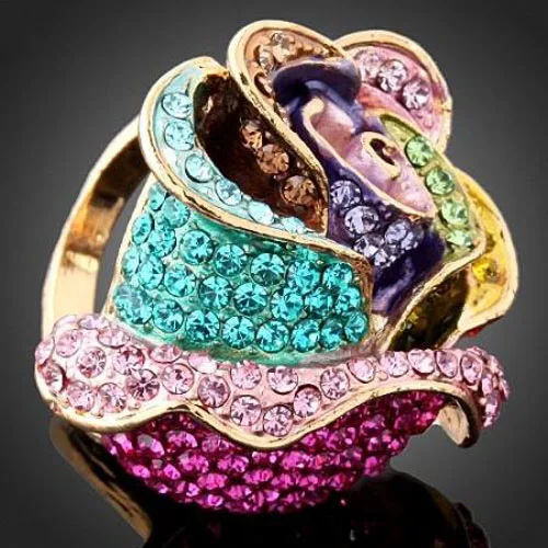 Chran Fashion Rose Design Crystal Engagement Rings for Women Elegant Enamel Costume Jewelry Ring Ladies Gifts