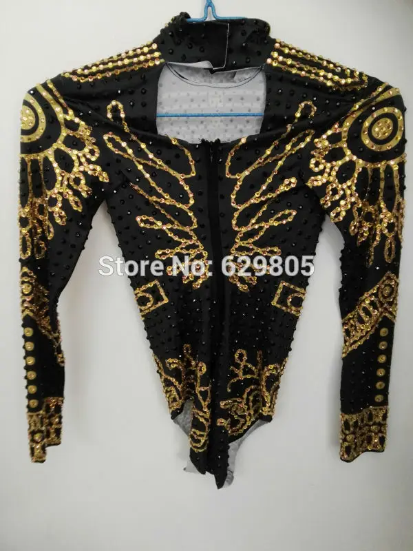 Black Gold Rhinestones Stertch Beyonce Bodysuit Women\'s Leotard Outfit Dance Bodysuit Nightclub Bar Costume Singer Shiny Wear