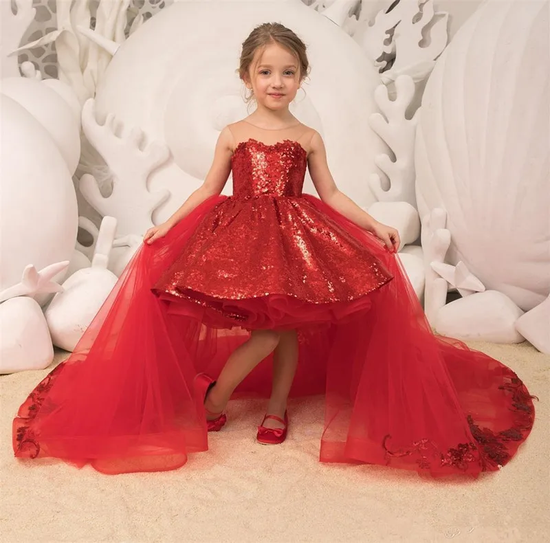 Sparkle Sequins Red Flower Girls Dresses Tulle Appliques Bow Ball Gown Detachable Train Kids Party Princess Pageant платье 2021