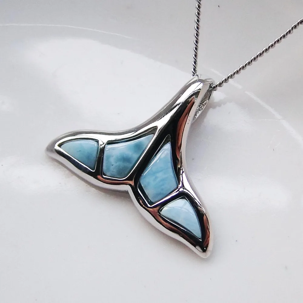925 Sterling Silver Jewelry Natural Dominica Larimar Pendant Cute Whale Tail Charm Pendant for man and women