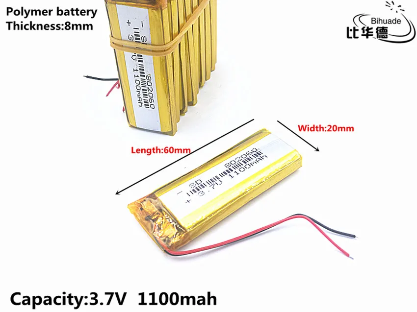 Dobra jakość 3.7 V, 1100 mAH 802060, polimerowa bateria litowo-jonowa/akumulator litowo-jonowy do tablet pc BANK, GPS, mp3, mp4