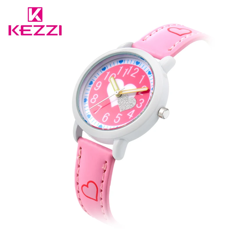 KEZZI Love Hearts child Watches Girl Leather Printing Strap Cartoon Kids Watch Students Quartz Wristwatch Casual Fashion Horloge