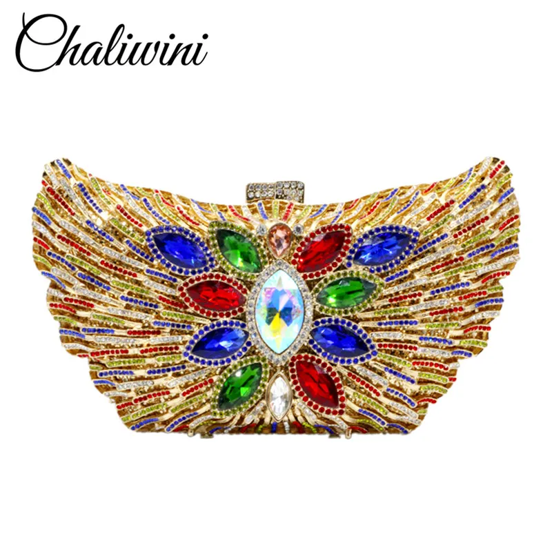 Chaliwini New Fashion Women Evening Clutch Wedding Bags Shoulder Chain Purses Lady Luxury Diamond Crystal Flower Party Handbags