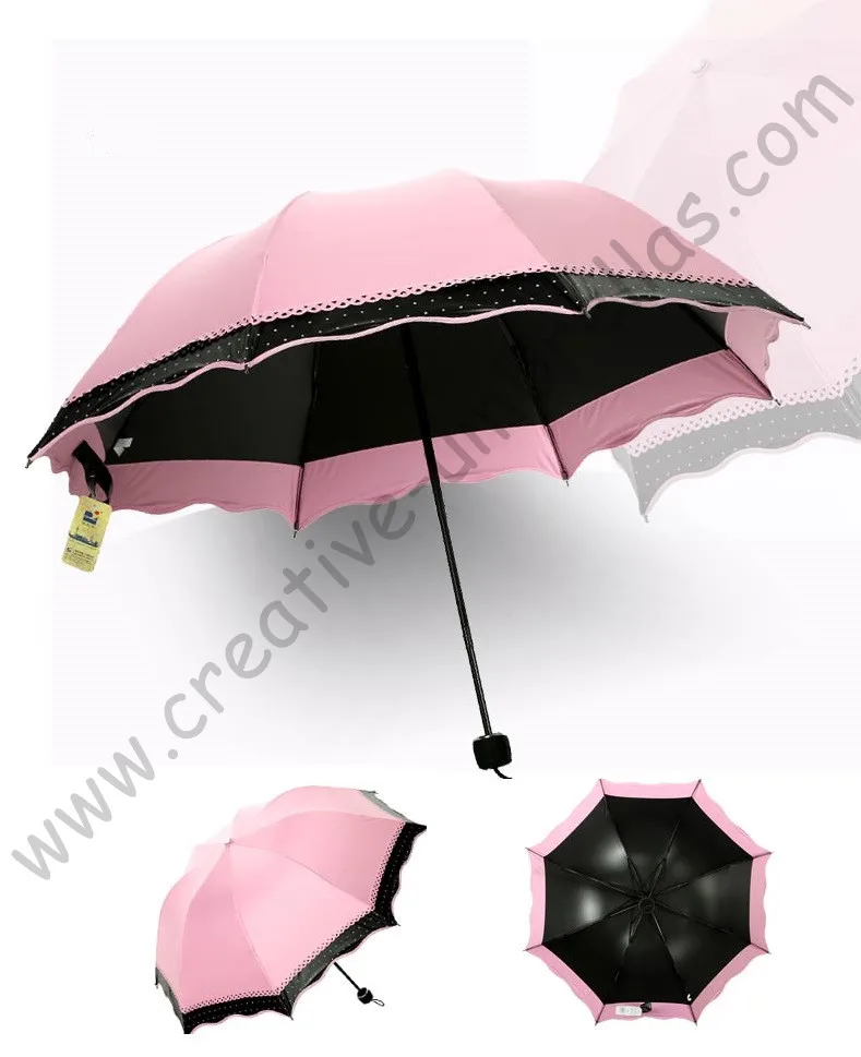 Ladies' summer 100%sunscreen UPF>50+ folding mini umbrella  5 times black  coating UV protecting women two layers  lace parasol