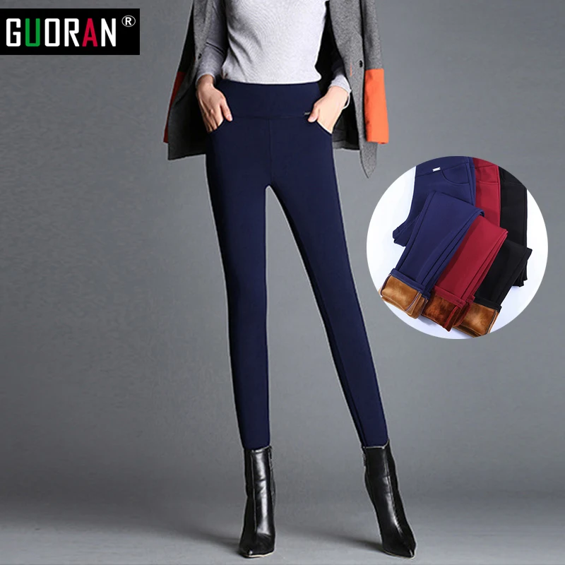 

2022 winter women stretch casual cotton pants clothes 3xl 4XL thick fleece ladies patchwork black pencil pants elastic waist