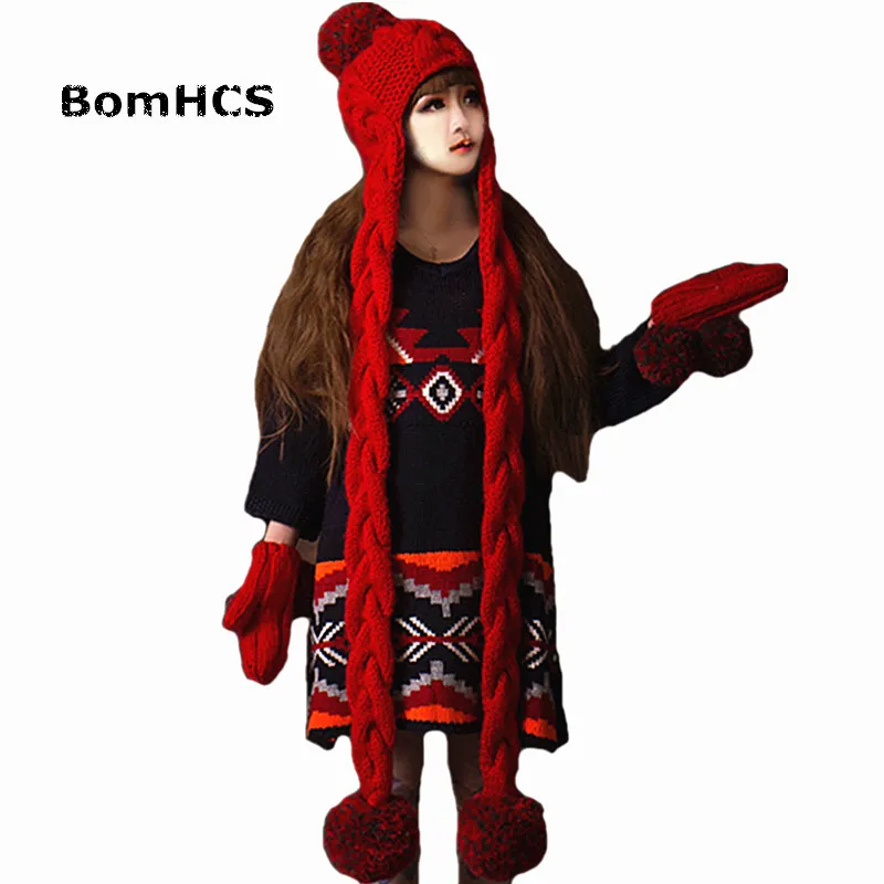 BomHCS Red Beanie with Scarf + Gloves (2PCS SUIT) Cute Women Winter Warm Handmade Knit Hat Caps