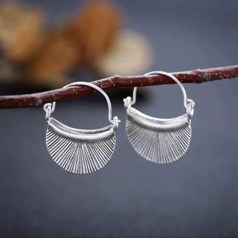 BOCAI Handmade Retro Fan-Shaped Earrings for Women S925 Sterling Silver Half-Circle Line Ear Hooks Personalized Fashion Gift