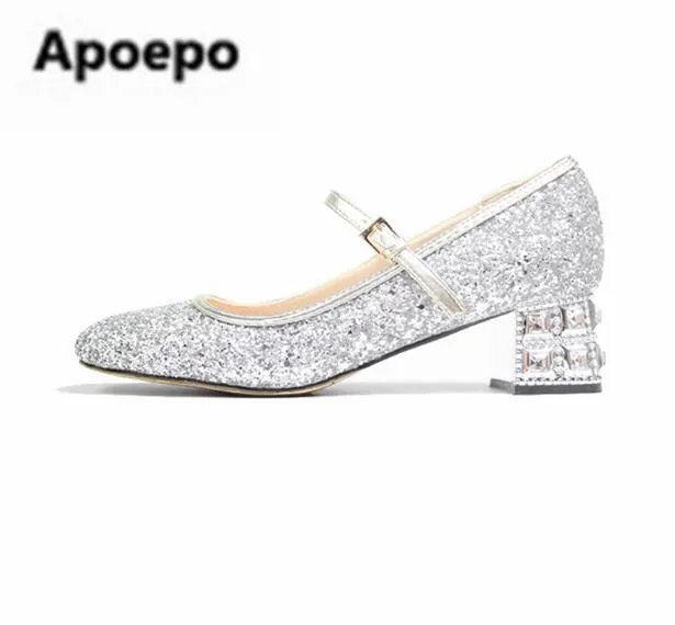 

sales brand mary janes shoes sliver bling bling wedding shoes round toe crystal square heels med heels pumps women ankle buckle