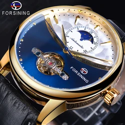 Forsining Tourbillon Blue Automatic Watch Men Classic Moonphase Design Genuine Leather Band Waterproof Business Wrist Watch Gift