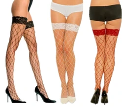 Sexy Big Mesh Stockings Women Lace Top Sheer Stay Up Thigh High Stockings Ladies Black White Red Nylon Fishnet Pantyhose