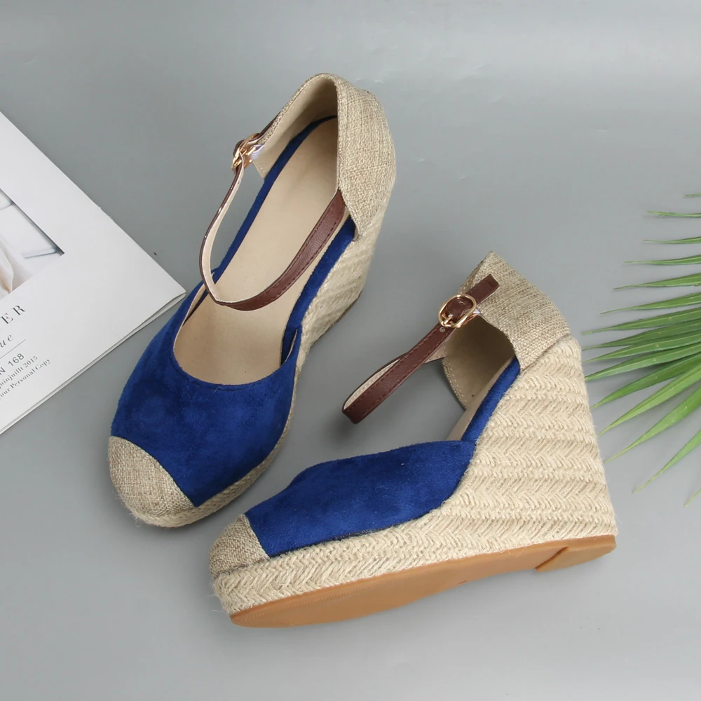 Meotina Espadrille Sandals Women Platform Wedges Shoes Bohemia Ankle Strap High Heels Sandals Two Piece Red Blue Big Size 34-43