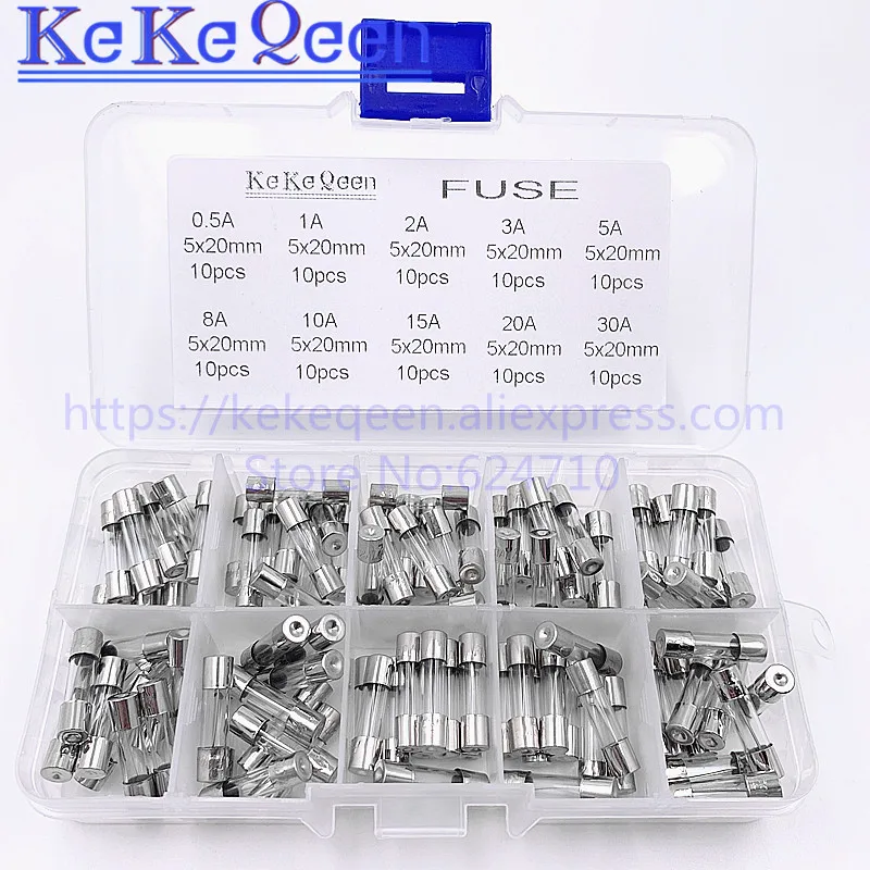 100pcs 5*20 Fast-blow Glass Tube Fuses Quick Blow Car Glass Tube Fuses Assorted Kit Amp 5X20 with Box Assortment Kit fusiveis