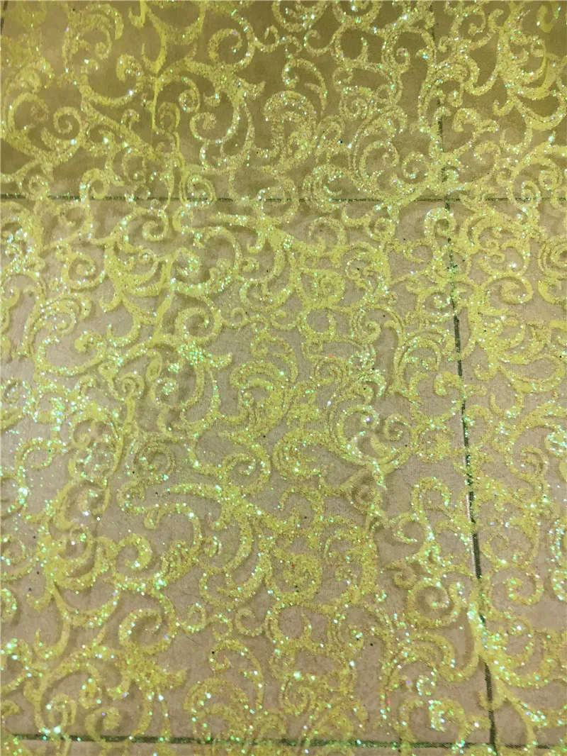 Bright yellow color shining glued glitter sequins lace fabric african tulle mesh fabric for wedding dress/evening dress  H-48