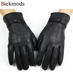 Deerskin Gloves Men Thick Autumn and Winter Warm Stripes Button Style Outdoor Ride Driving Leather Finger Gloves