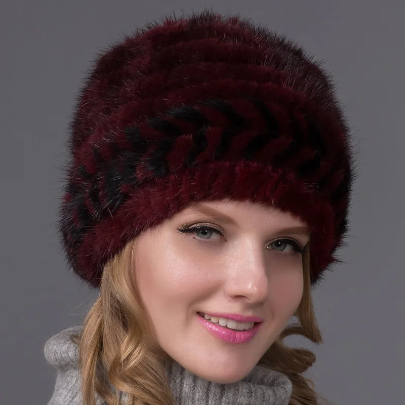 

Women's Genuine Real Knitted Mink Fur Hats Female Winter Caps Ear Warmers Fashion