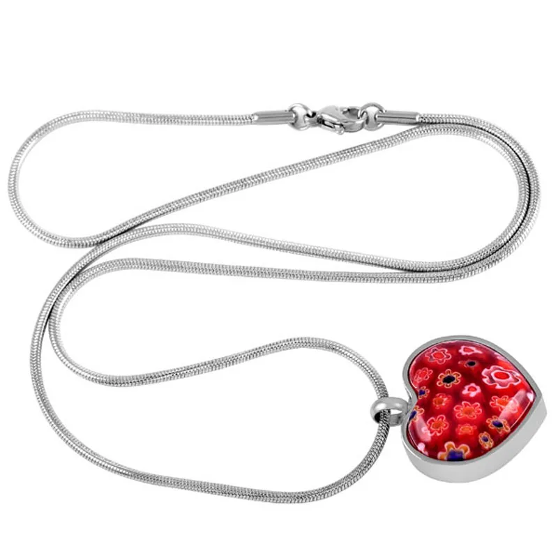 IJD8470 Cheap Stainless Steel Murano Glass Flower Love Heart Urn Pendant Memorial Necklace Cremation Jewelry by Memory House