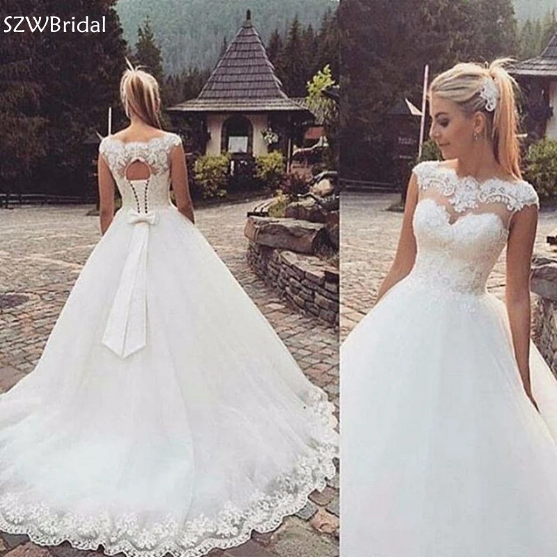 

New Arrival Cap sleeve Ball gown wedding dresses Lace Appliques wedding gowns Robe de mariee trouwjurk Cheap wedding dress