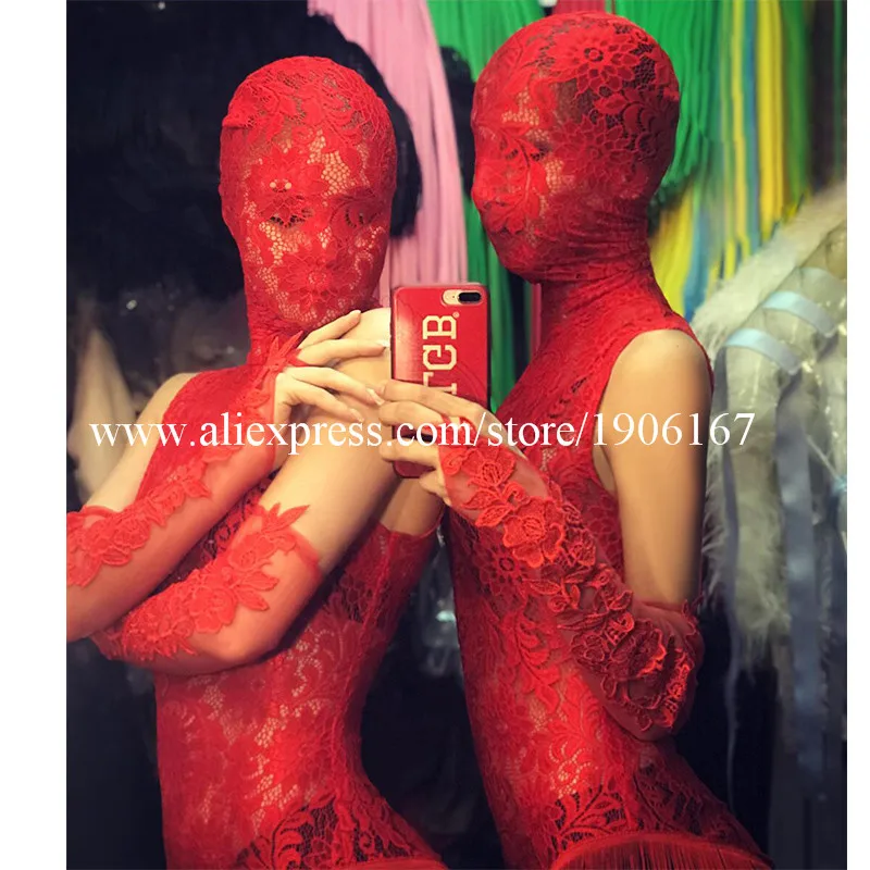 Sexy Lady Red Lace Clothing Female Chinese Style Bar Collar Pole Dance Dress Nightclub Show DS Costume With Headwear