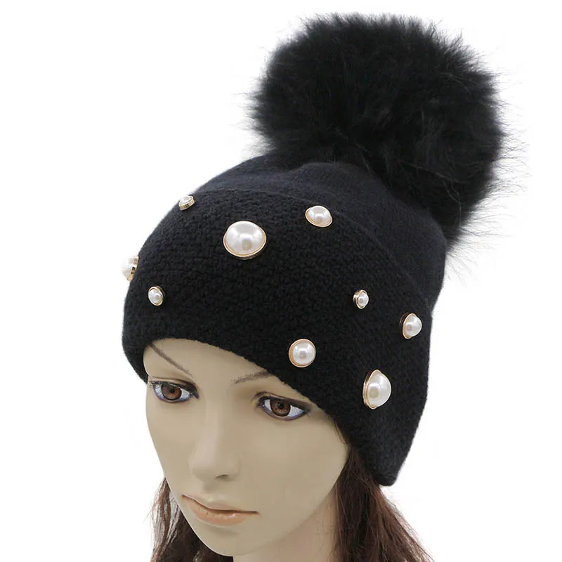 GZHilovingL New Women Winter Hat With Pompom Pearl Hat For Women Girls Soft Winter Wool Beanie Knitted Hat Fur Ball Skullies Cap